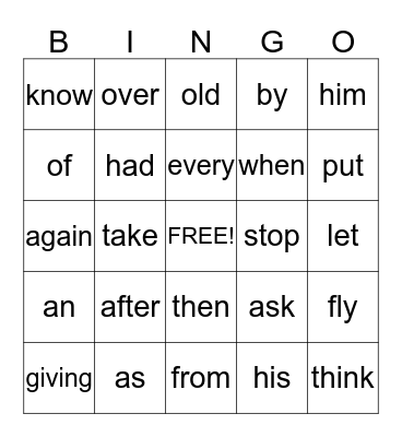 Dolch Sight Words Bingo Card