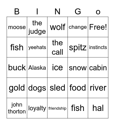 call of the wild Bingo Card
