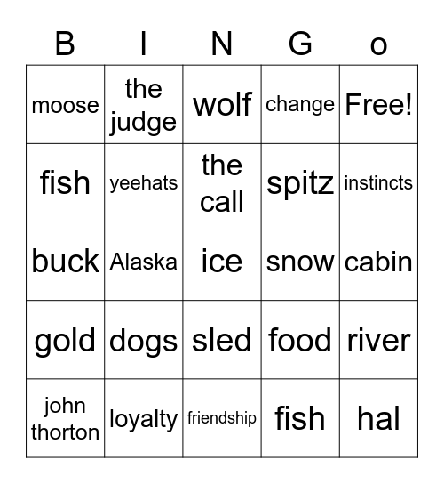 call of the wild Bingo Card