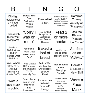 Quarantine Bingo Card