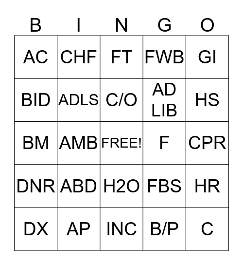 ABREVIATIONS Bingo Card