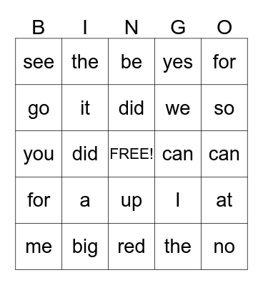 Red Sight Words Bingo Card