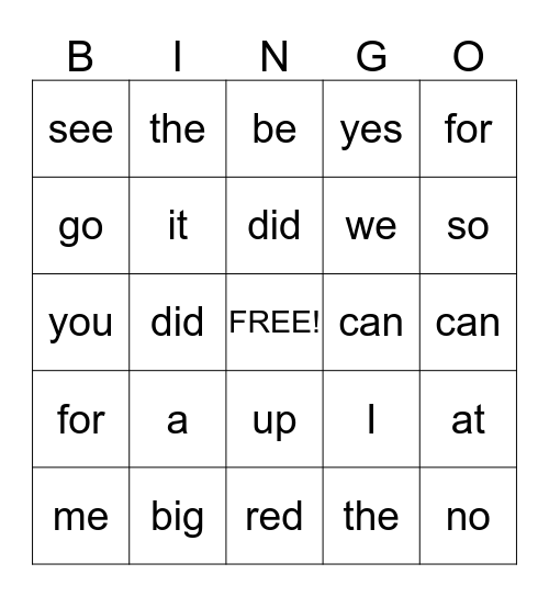 Red Sight Words Bingo Card