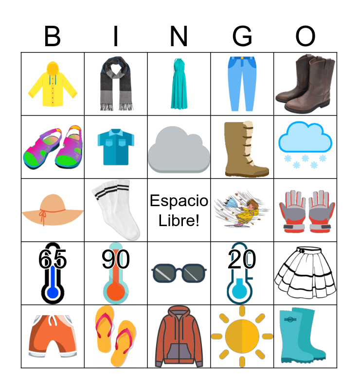 El clima y la ropa Bingo Card