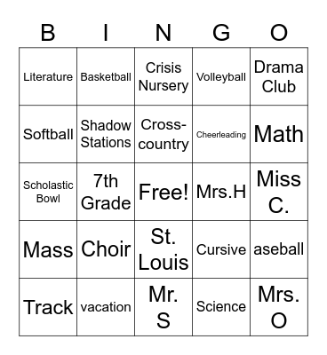 Seventh Grade Bingo Card