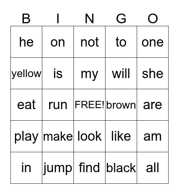 Yellow & Green Sight Words Bingo Card