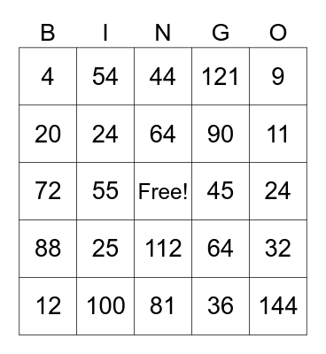 Multiplication BINGO Card