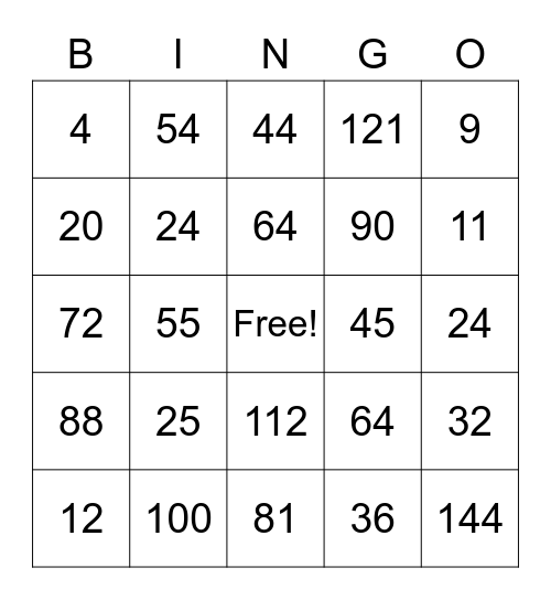 Multiplication BINGO Card
