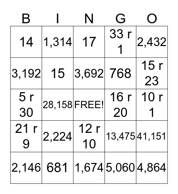 Multipication & Division Bingo Card