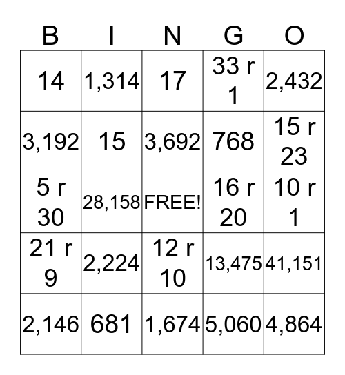 Multipication & Division Bingo Card