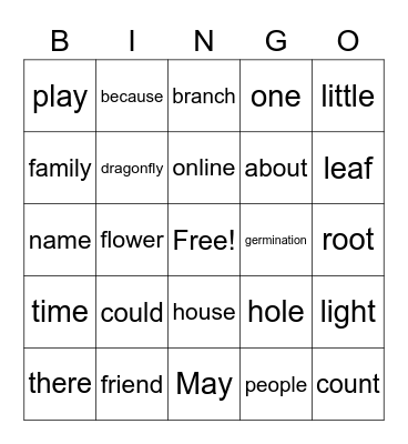 Sight Word BINGO Card