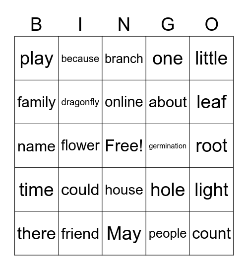 Sight Word BINGO Card