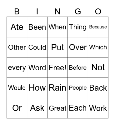 Sight Word Bingo Card