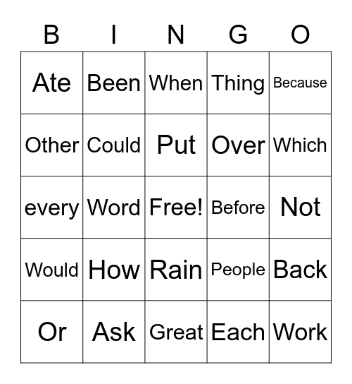Sight Word Bingo Card
