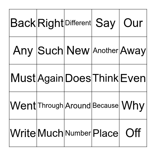 Second Hundred Most Used Words Bingo Card