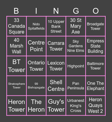 London's Tallest Structures Bingo Card