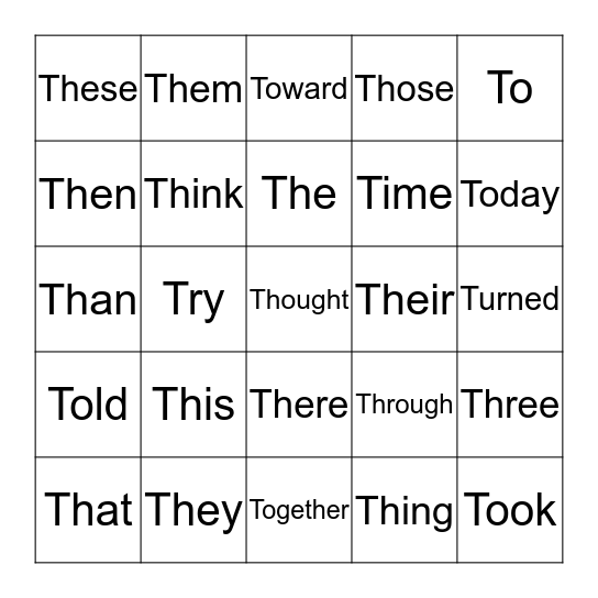 T Words Bingo Card