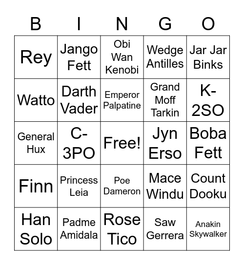 Star Wars Quote Bingo Card