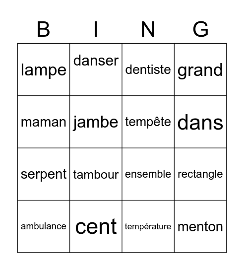 Le son "an, am, en, em" Bingo Card