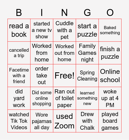 Quarantine Bingo Card