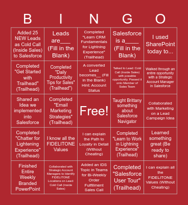Business Development Intern Bingo Card