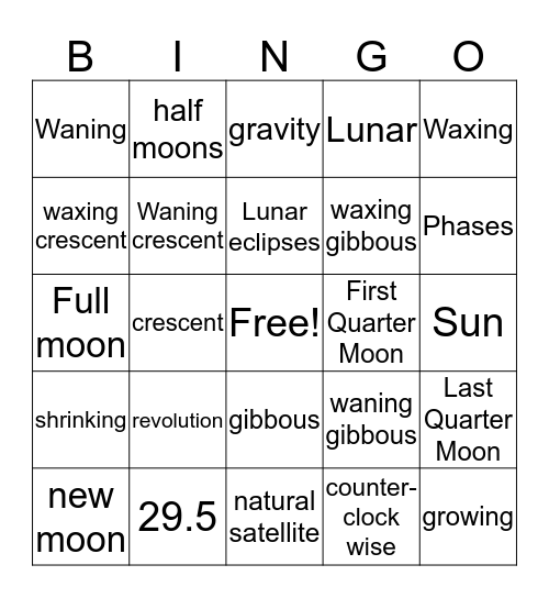 Moon Phases BINGO Card