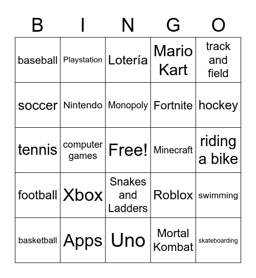 Sports and Games Bingo Card