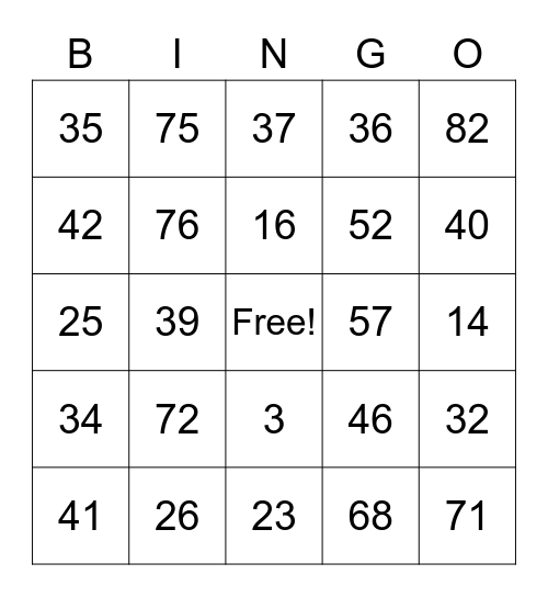 Bingo 1-90, free space Bingo Card