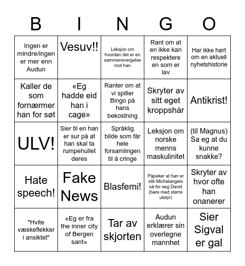 Ultimate Audun Bingo Card