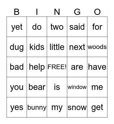 The Bunnies and the Fox Bingo Card