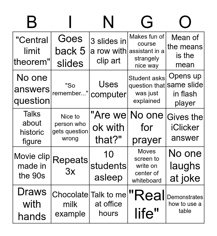 Stats 121 Bingo Card