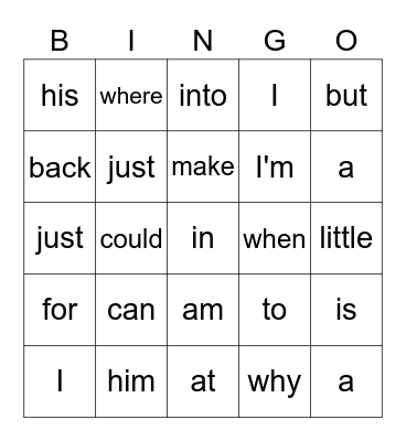 Sight Words Bingo Card