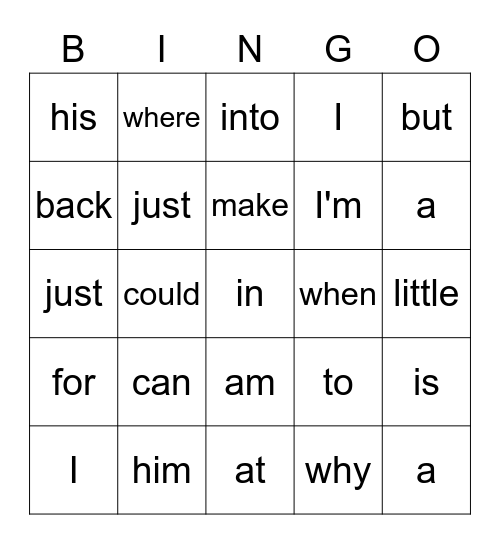 Sight Words Bingo Card