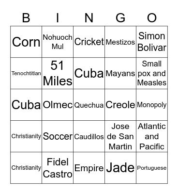 Latin America Bingo Card