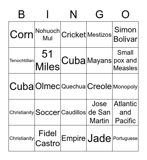 Latin America Bingo Card