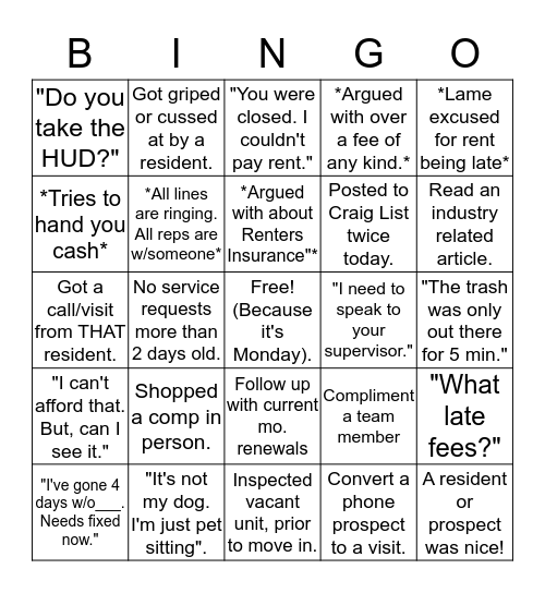 Property Management Bingo Card