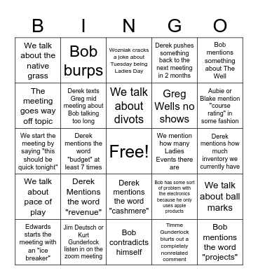 RHCC Golf Committee Bingo Game Bingo Card