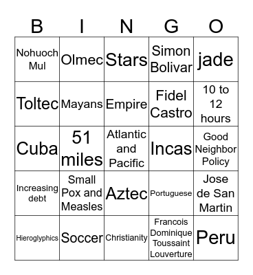 Latin America Bingo Card