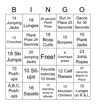 Mrs. Smith's Fitness Bingo! Bingo Card
