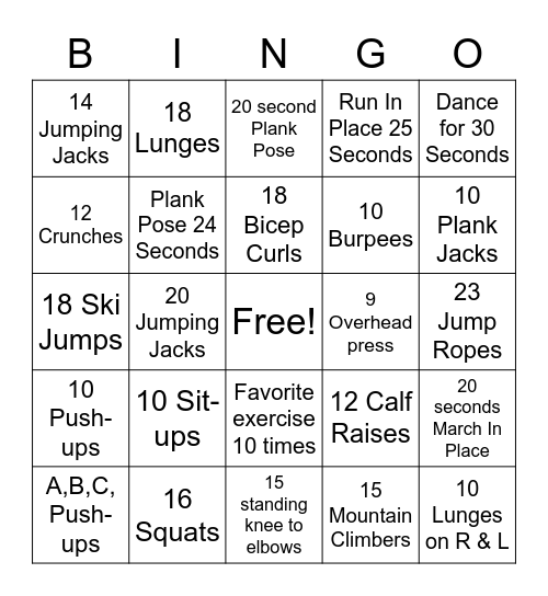 Mrs. Smith's Fitness Bingo! Bingo Card