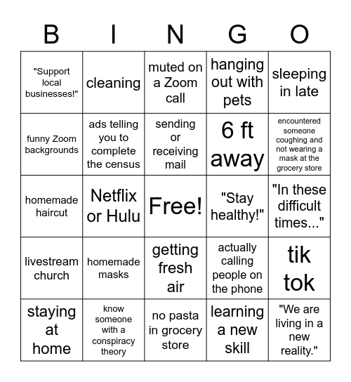 Quarantine Bingo Card