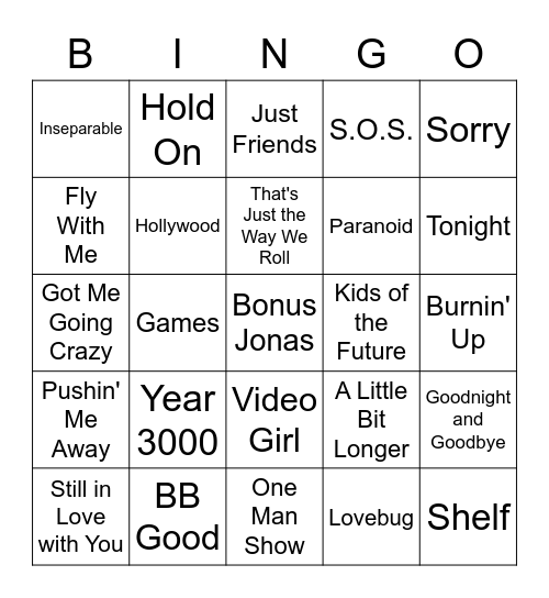 JONAS BROTHERS BINGO Card