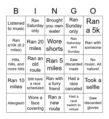 Quarantine Running Bingo Card