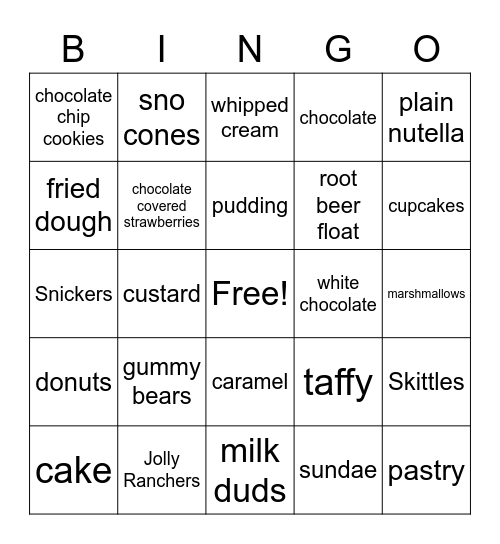 Dessert Bingo Card