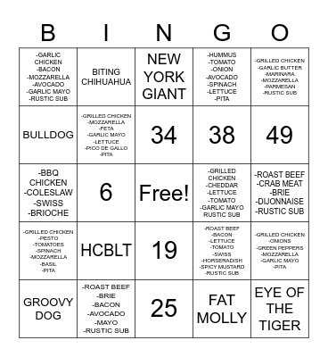 SANDWICH BINGO 1 Bingo Card