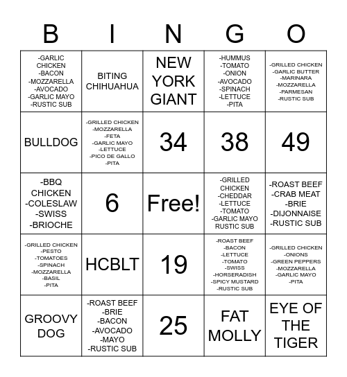 SANDWICH BINGO 1 Bingo Card