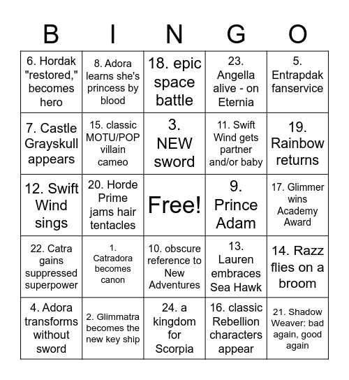 Season 5 She-Ra Bingo Card