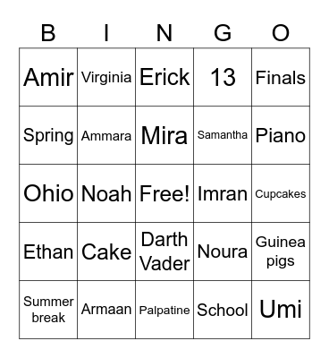 Zara's Birthday Bingo Card