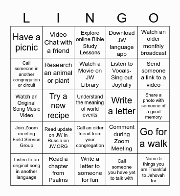 JW LINGO! - Things to Do on Lockdown [vss] Bingo Card