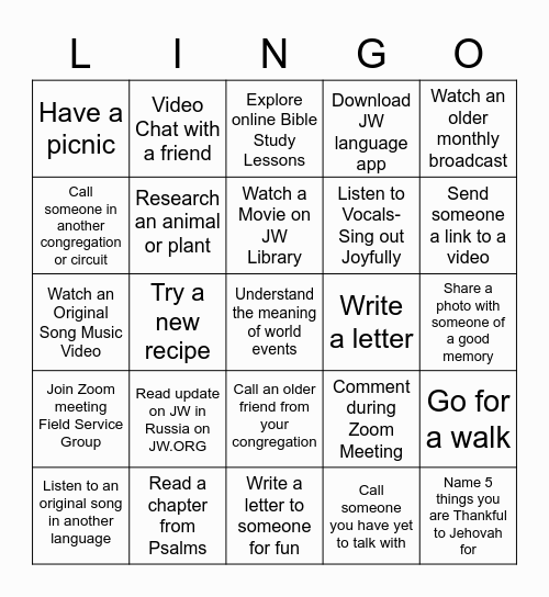JW LINGO! - Things to Do on Lockdown [vss] Bingo Card